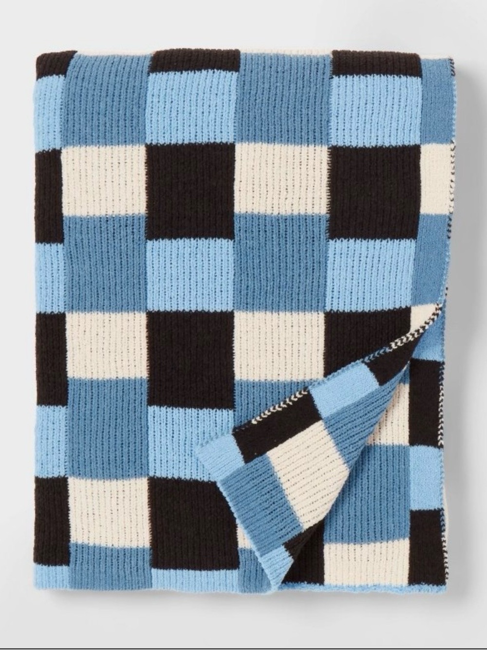 Pillowfort Blue Black Cream Checkerboard Knit Throw Blanket